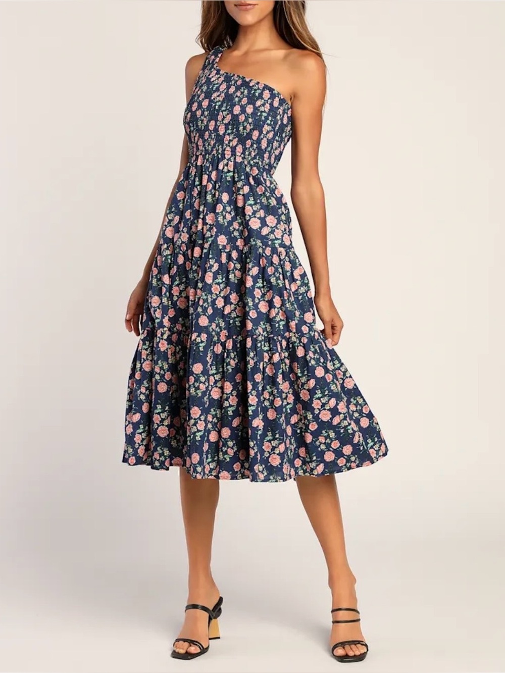 Lulus You‎ Grow Girl Navy Floral Print One-Shoulder Midi Dress Size S